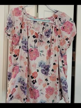 St. John's Bay Pink, Purple & Orange Floral Peasant Blouse
